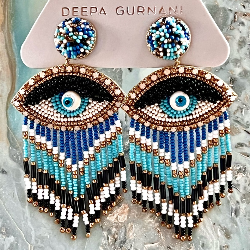 NWT Deepa Gurnani Beaded Fringe Chandeliers - Picture 2 of 16